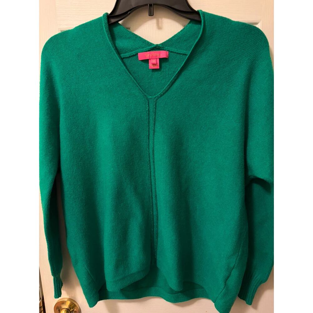 Lilly‎ Pulitzer Y2K V-Neck Knit Sweater XS Green Long Sleeve Top Metaliic Detail
